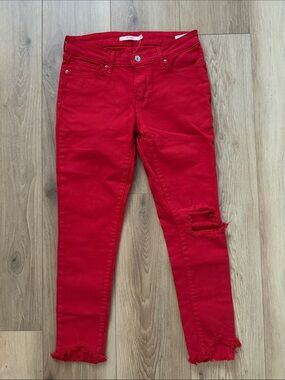 Levi's Red Skinny Jeans with Distressed Knee and Frayed Hem
